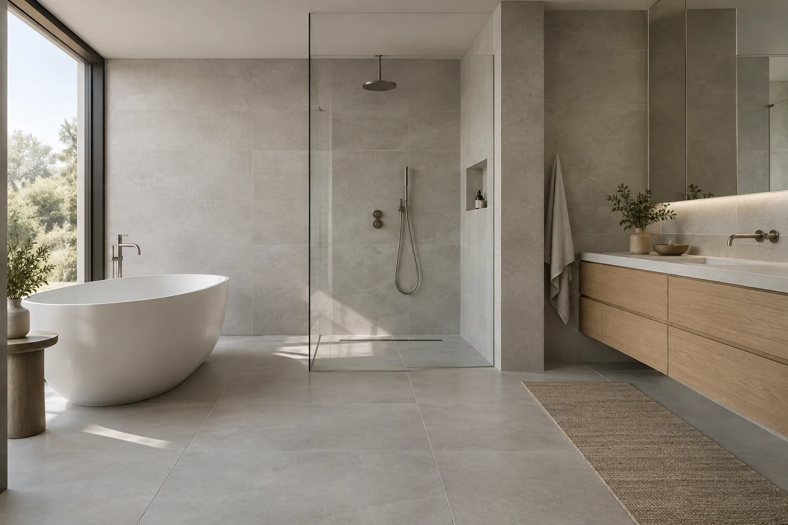 Illustrative porcelain tile bathroom with a walk-in shower